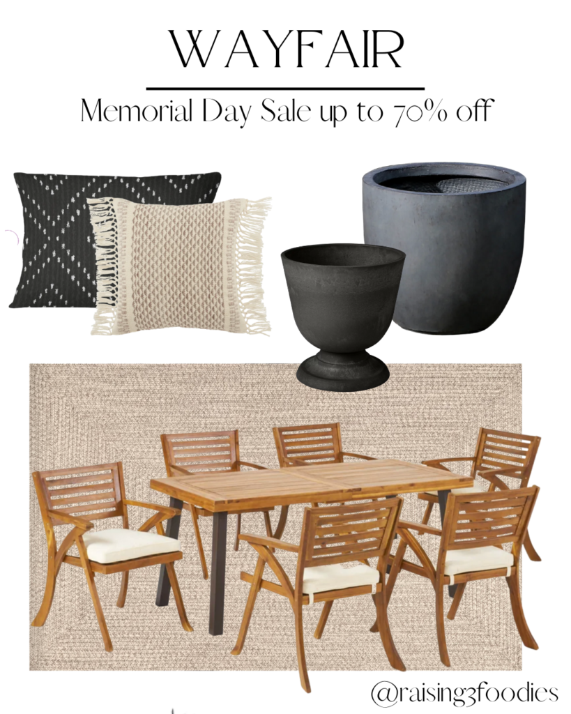 Wayfair Memorial Day Sale up to 70% off. Picture shows throw pillows, gray and black planters, a neutral colored rug, and an outdoor pa