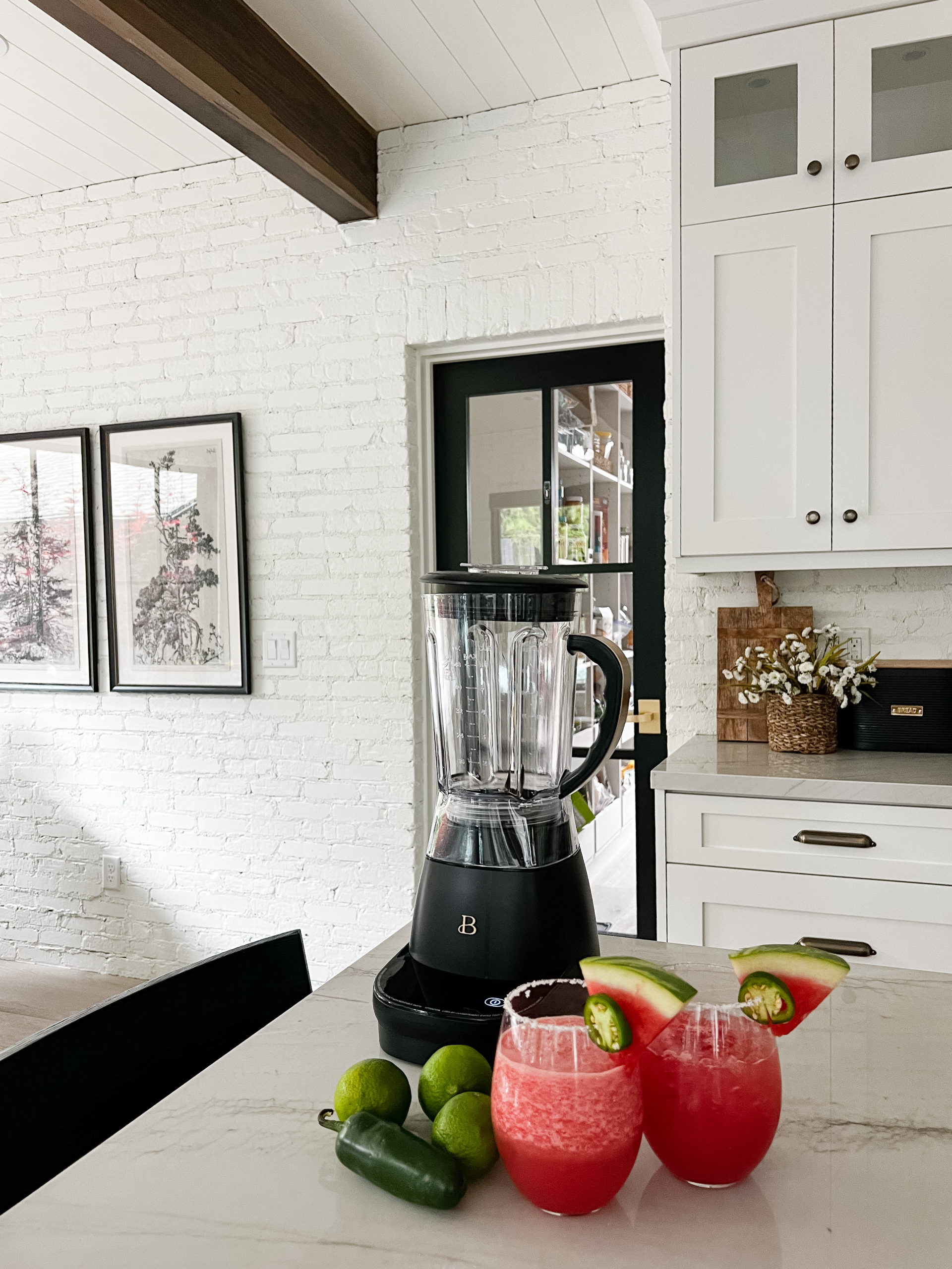 blender and watermelon jalapeno margaritas on kitchen counter